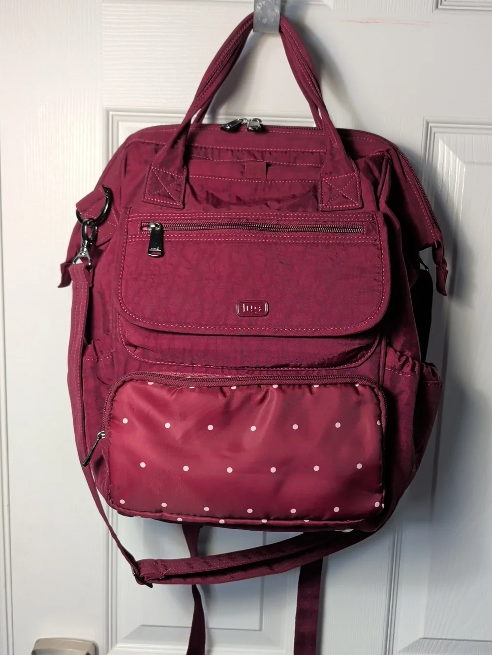 lug Maroon Backback Tote with Polka Dot Front Pocket